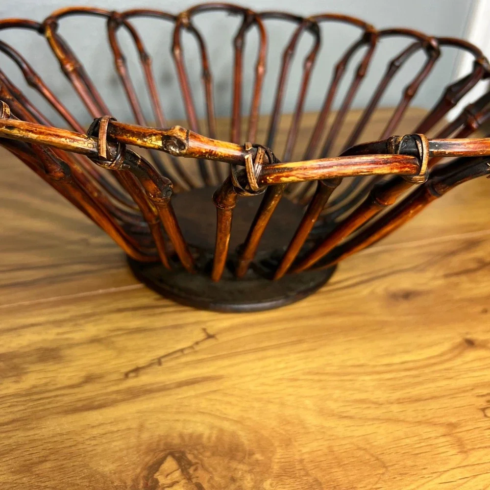 Vintage Bent Bamboo Wood Fruit Basket Boho Centerpiece Tiki Coastal MCM Eclectic